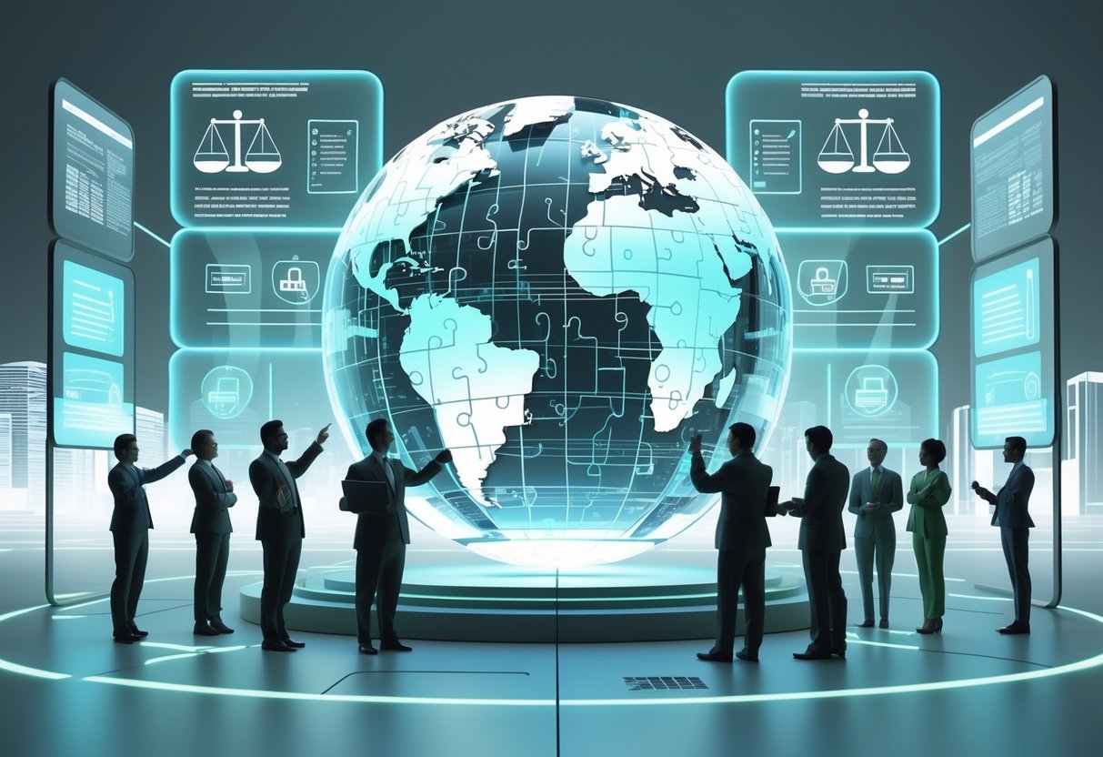 A 3D scene showing a transparent globe made of puzzle pieces surrounded by digital panels with legal symbols, with people working together in front of a futuristic cityscape.