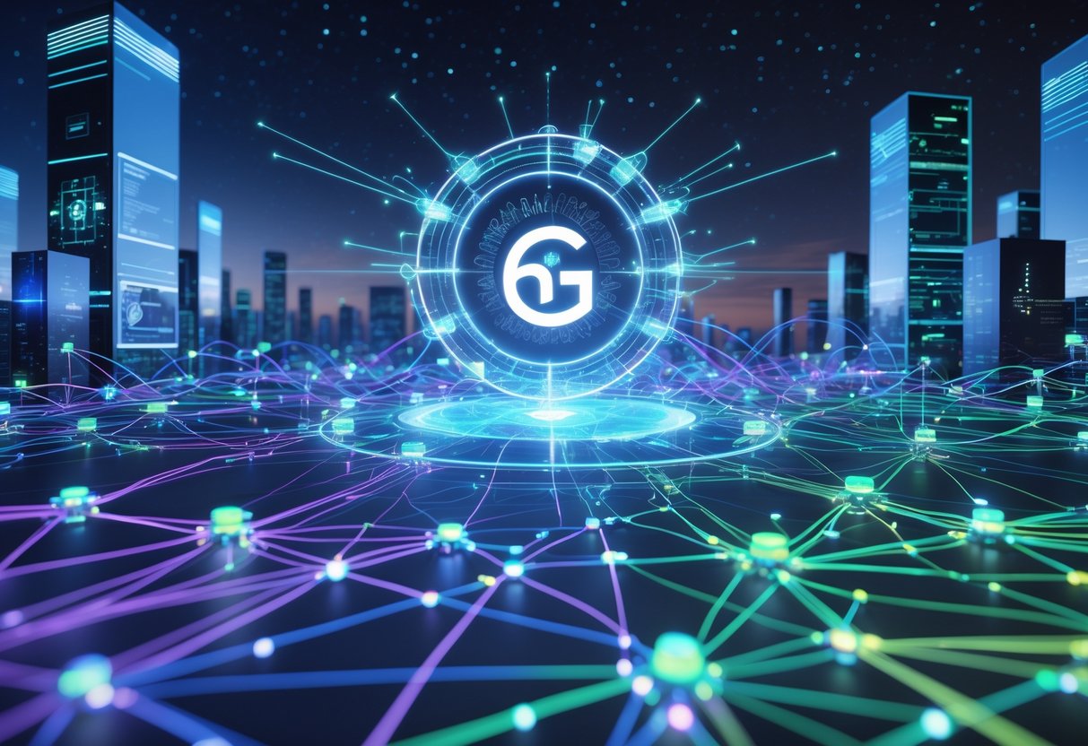 A futuristic 3D scene showing interconnected glowing nodes and cables representing major companies collaborating on 6G technology, with a holographic 6G symbol and modern buildings in the background.