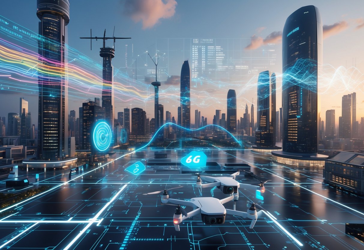 A futuristic city with advanced communication towers, flying drones, and glowing digital networks showing the development of 6G technology.