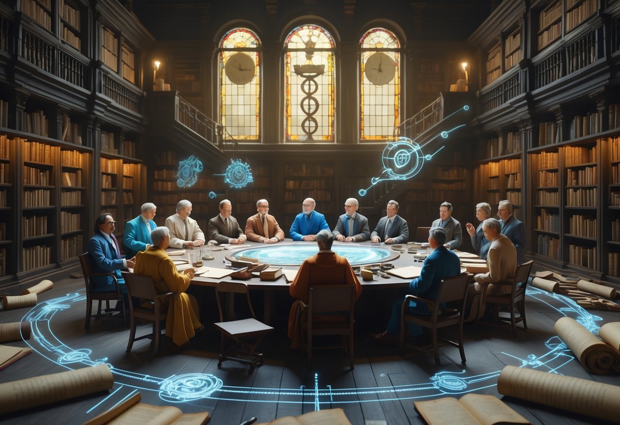 A group of historical figures from different eras gathered around a table in an ancient library, engaged in discussion with symbols of ethics and technology around them.