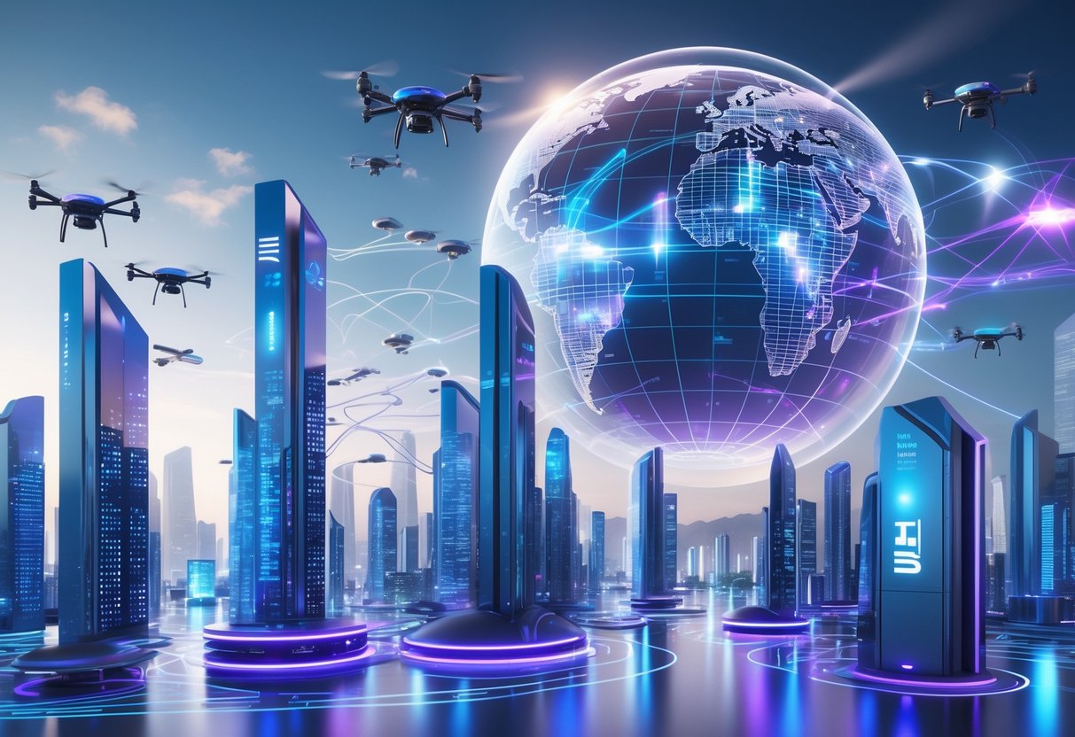 A futuristic city with glowing skyscrapers, flying vehicles, and holographic data streams illustrating advanced global communication technology.