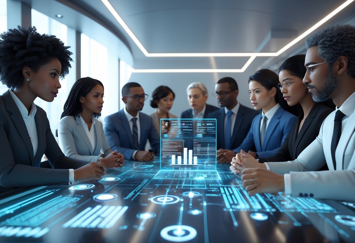 A group of diverse people discussing ideas around a digital table in a modern room, focused on ethical leadership and collaboration.
