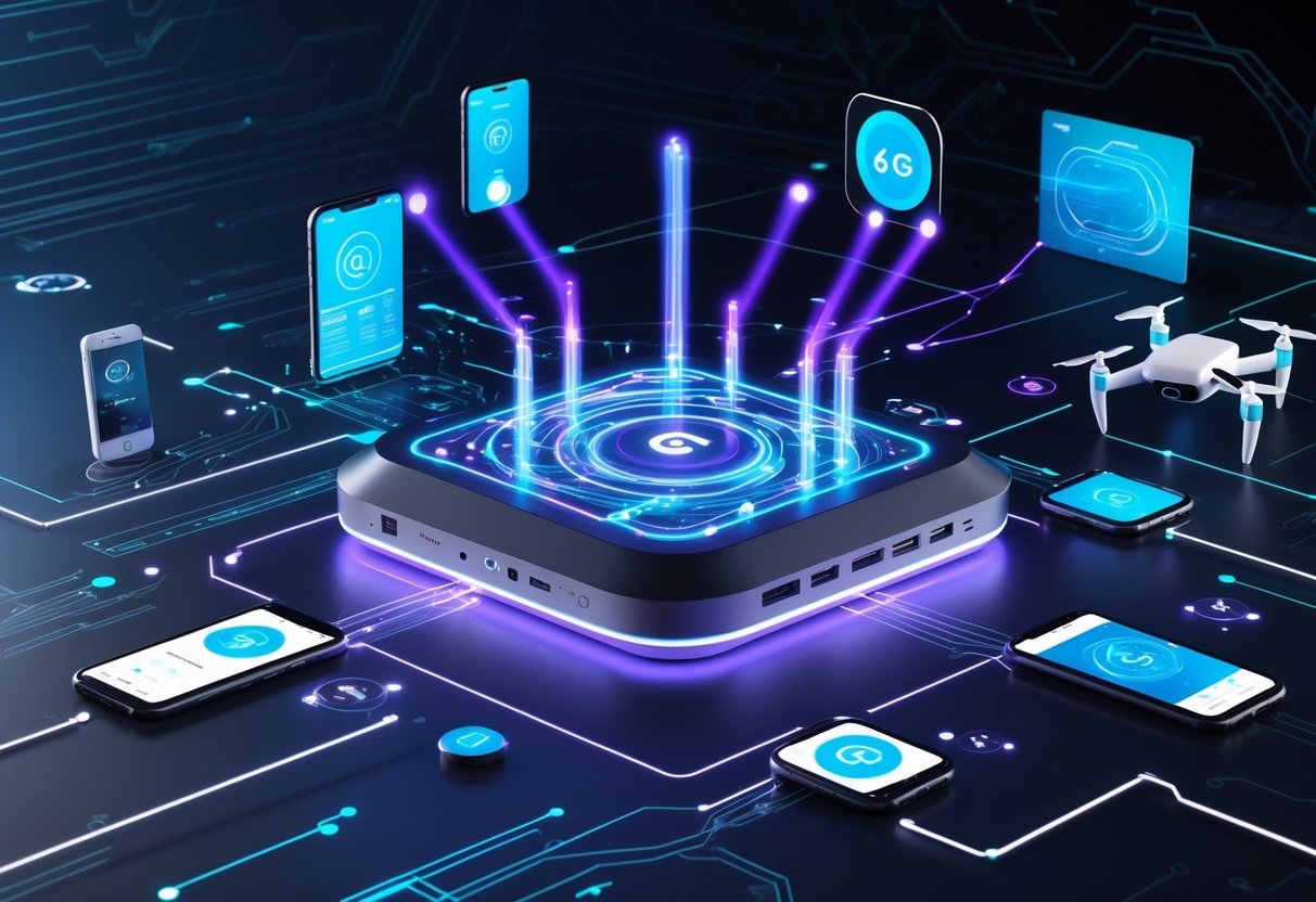 A futuristic network hub emitting glowing light beams connecting to advanced devices and digital elements symbolising next-generation wireless communication.