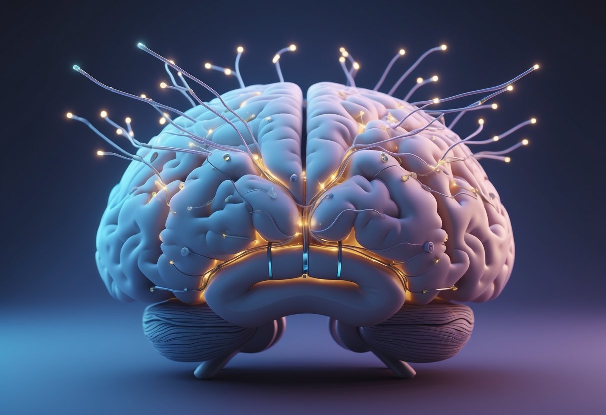 A 3D rendering of a human brain with neural implants connected to its neural networks, showing electrical impulses flowing through the brain.