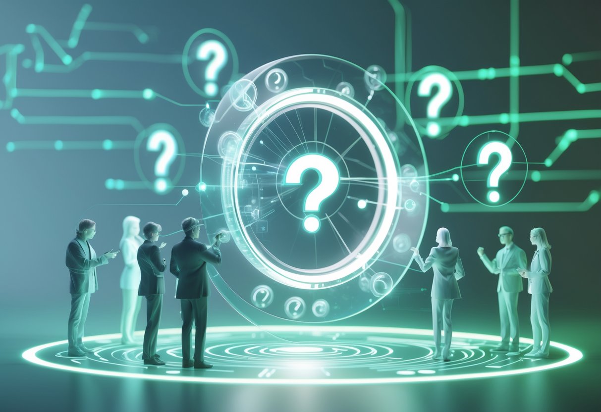 A digital interface with glowing question marks and interconnected nodes floating in front of translucent human figures, set against a background of flowing data streams.
