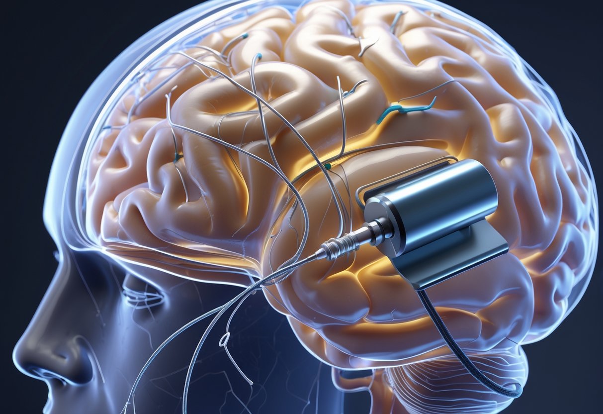 A 3D rendering of a human brain with a neural implant device inserted deep inside, showing electrode leads and a connected pulse generator near the skull.