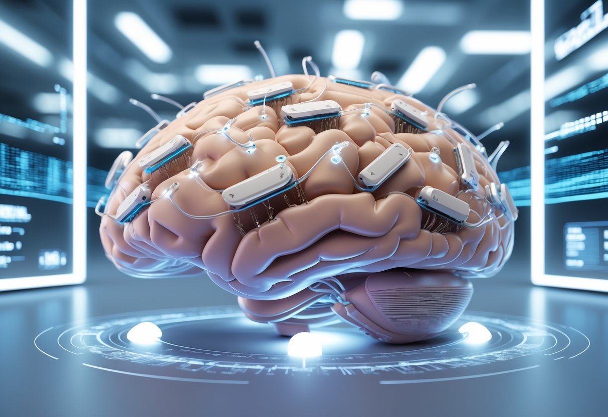 Close-up of a human brain with advanced neural implants embedded, surrounded by digital data streams in a high-tech laboratory setting.