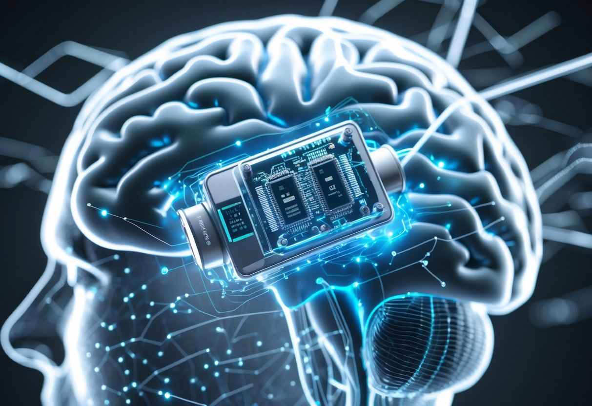 A 3D rendering of a human head showing a neural implant connected to the brain with glowing neural pathways.