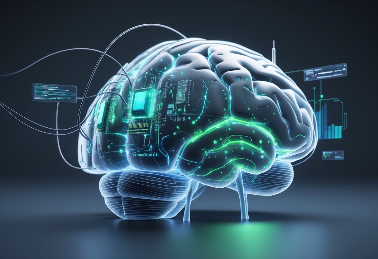 A human brain with glowing neural implants and circuits connected to an external high-tech interface, surrounded by floating digital data streams.