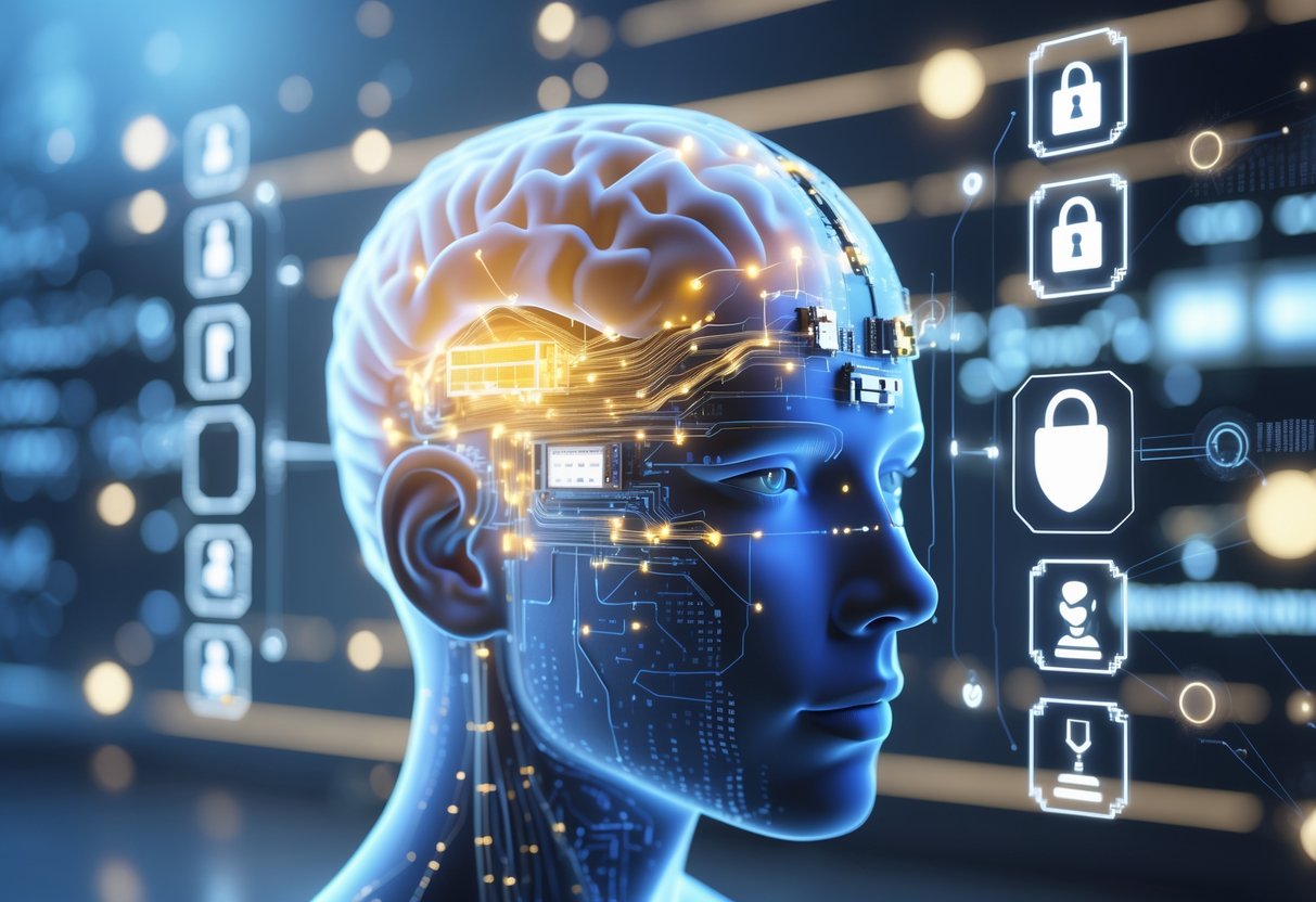 A semi-transparent human head with neural implants connected to the brain, surrounded by symbols representing privacy, security, justice, and society in a futuristic digital environment.