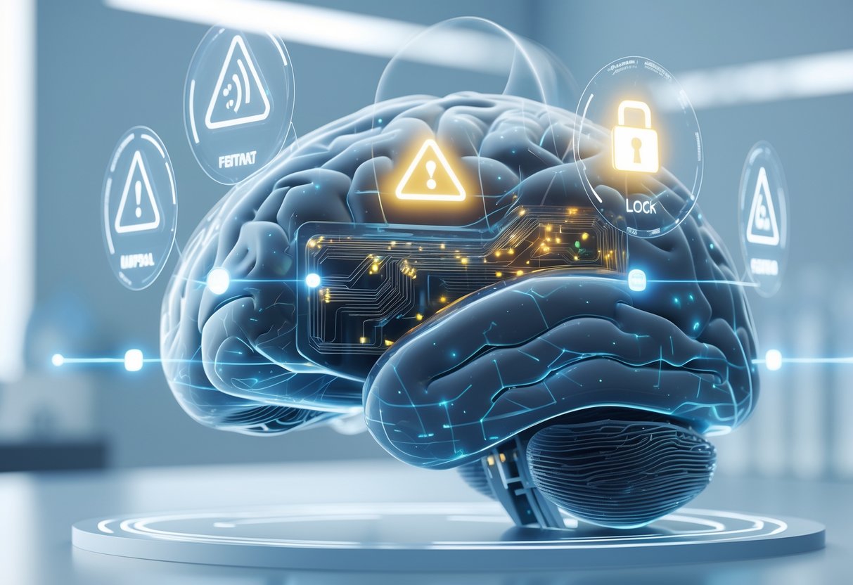 A 3D image of a human brain with a neural implant inside, surrounded by glowing symbols representing protection, warnings, and security.