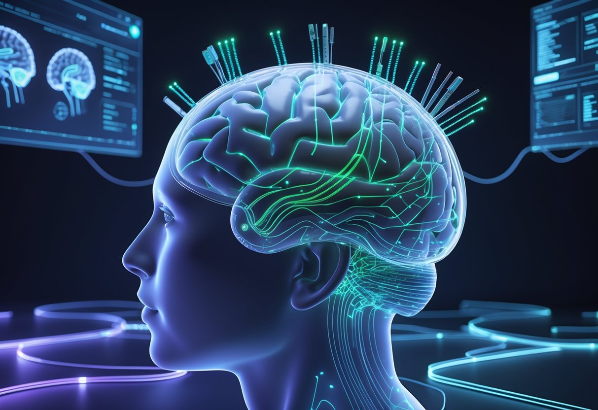 A transparent human head showing a brain with glowing neural implants and floating holographic data streams around it.