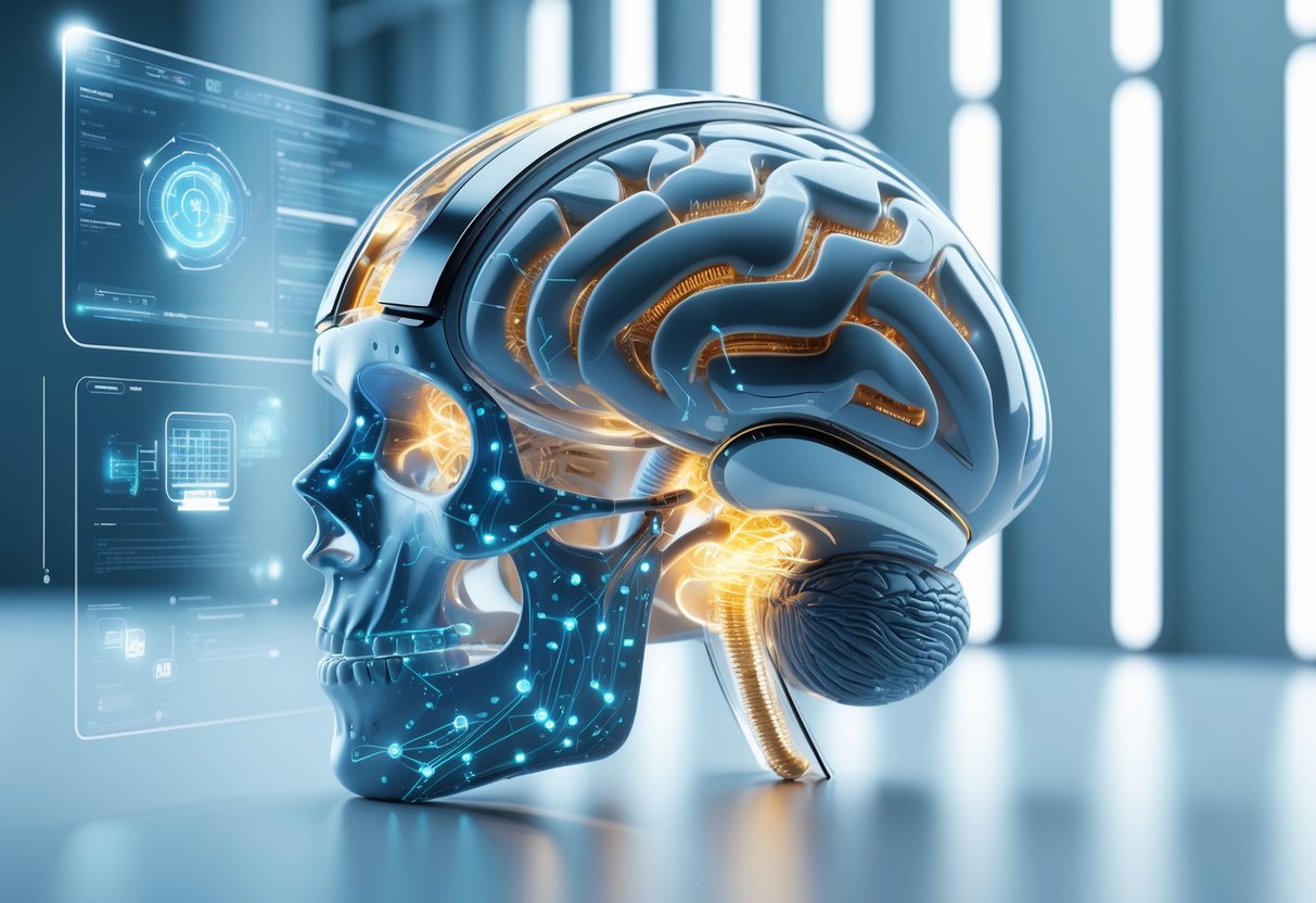 A 3D rendering of a neural implant partially embedded in a transparent human skull with glowing circuits and holographic data panels around it.