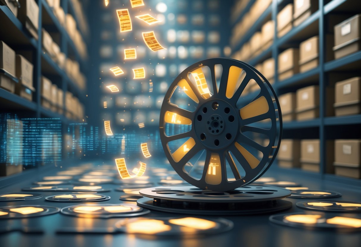 An archival room with shelves of old film canisters, a partially unspooled film reel with glowing floating fragments, and holographic images of vintage cameras and film equipment.