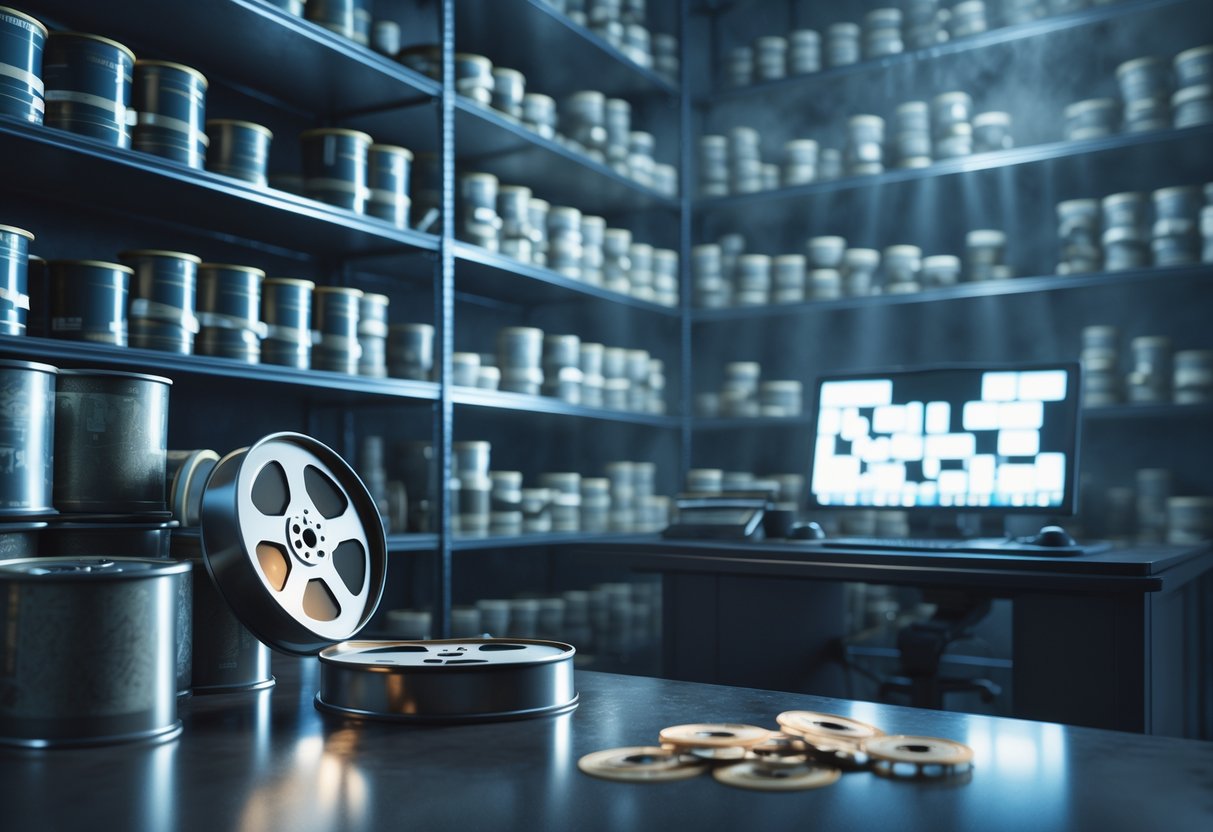A dimly lit archive room with shelves full of old film reels and tapes, a partially open film canister, and computer screens showing fragmented video frames.