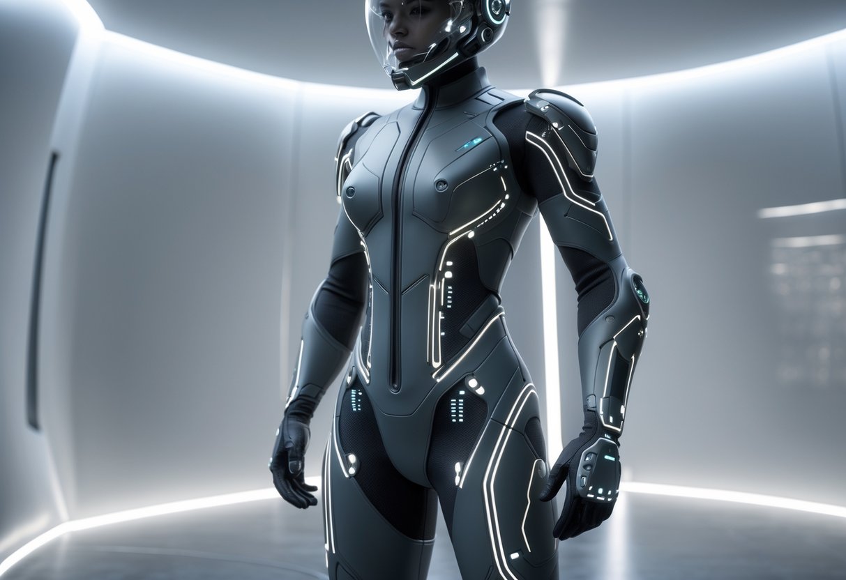 A full-body haptic feedback suit with sensors and lights, shown standing in a high-tech environment.