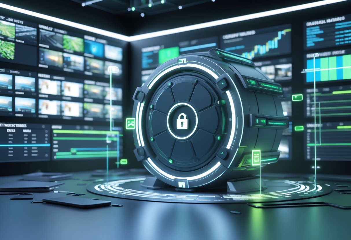 A futuristic control room with digital screens and a glowing digital vault symbolising secure management and protection of video footage.