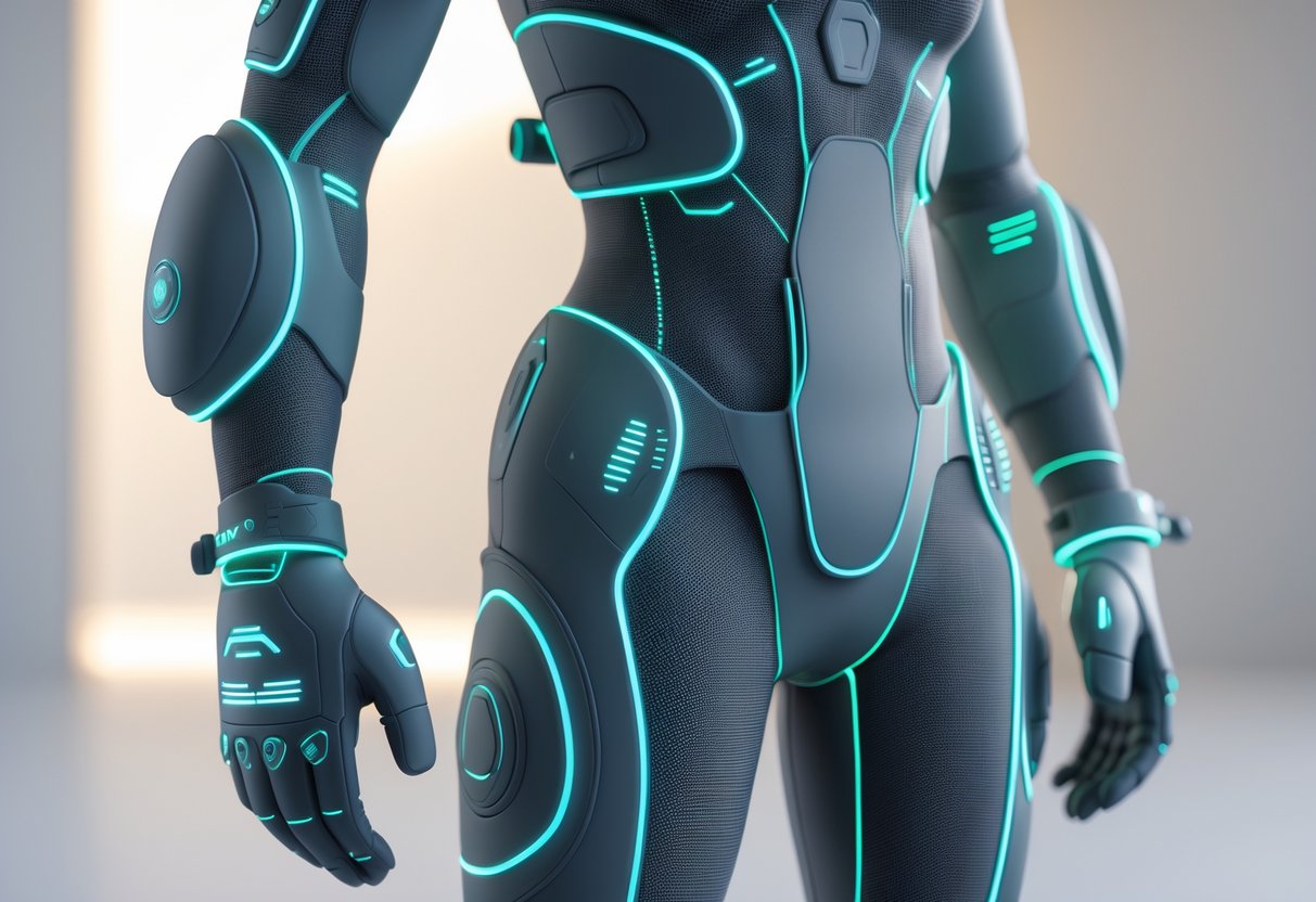 A close-up view of a futuristic haptic feedback suit showing detailed materials and glowing sensor areas designed for comfort and fit.