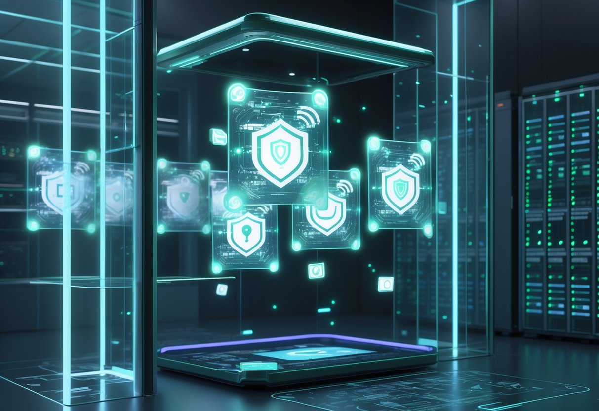 A digital vault containing floating holographic video files surrounded by glowing metadata icons, set inside a secure server room.