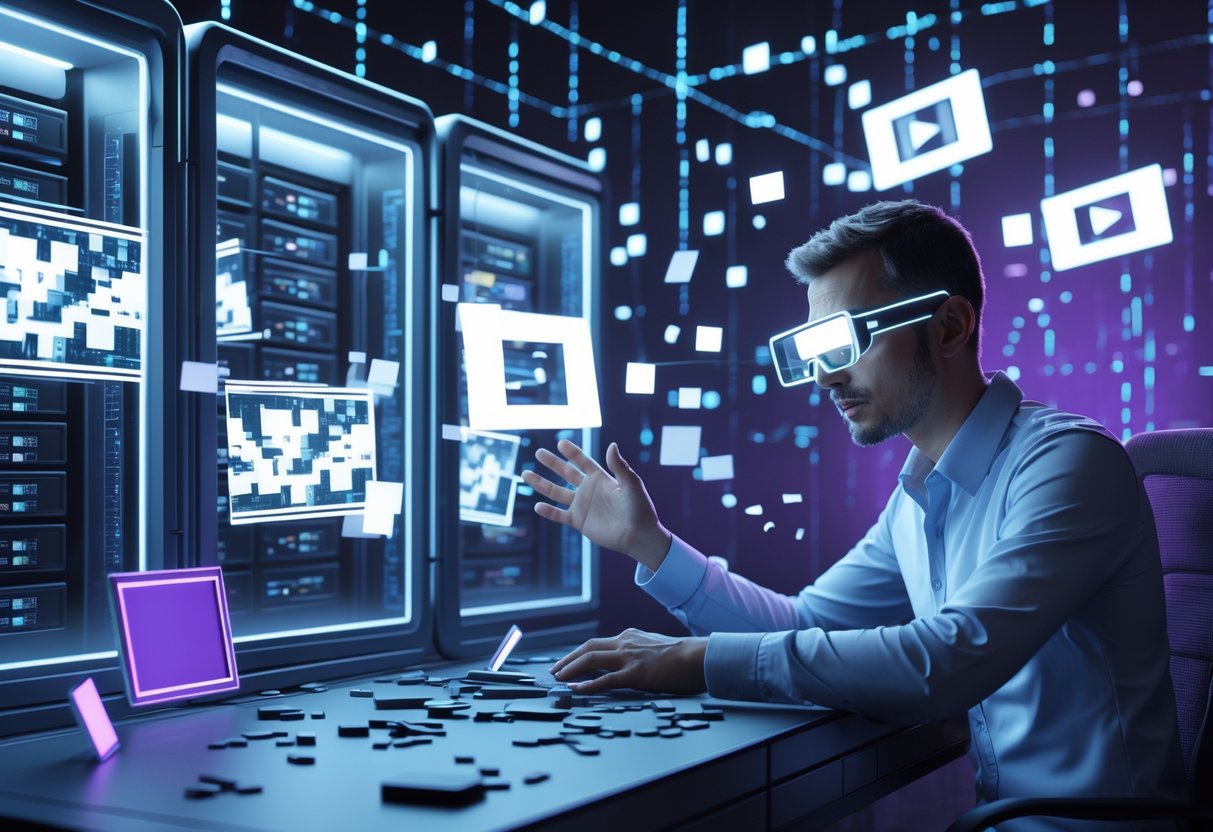 A person in a futuristic archive room tries to recover lost digital video footage from glitching holographic screens surrounded by floating broken pixel fragments and warning icons.