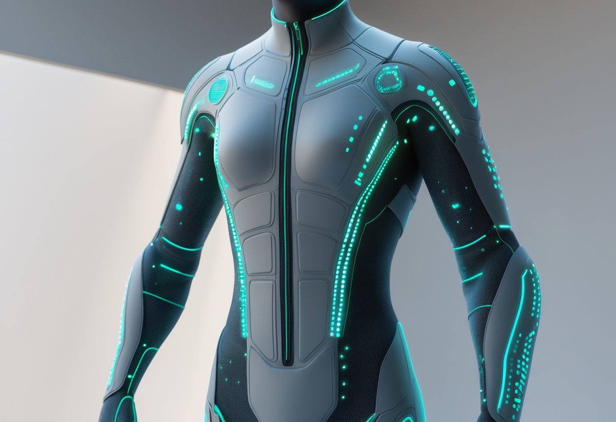 A 3D rendered image of a full-body haptic feedback suit with glowing sensors and flexible panels designed for safety and health monitoring.