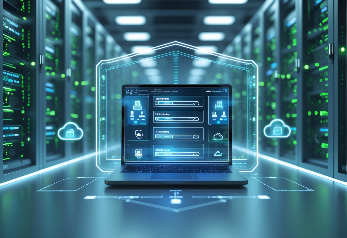 A futuristic server room with glowing data storage units and a holographic interface showing secure footage being backed up and protected.