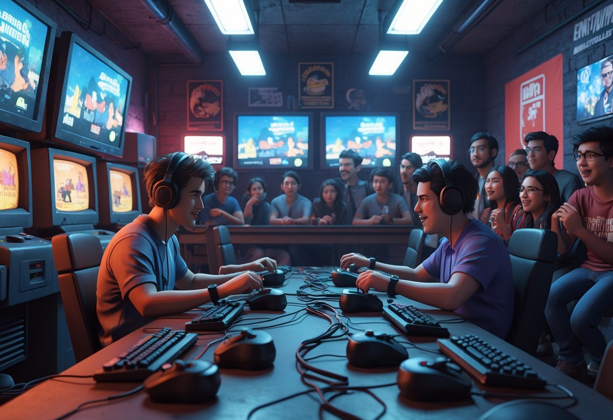 Two players competing in a retro gaming arcade surrounded by spectators watching an early esports match.