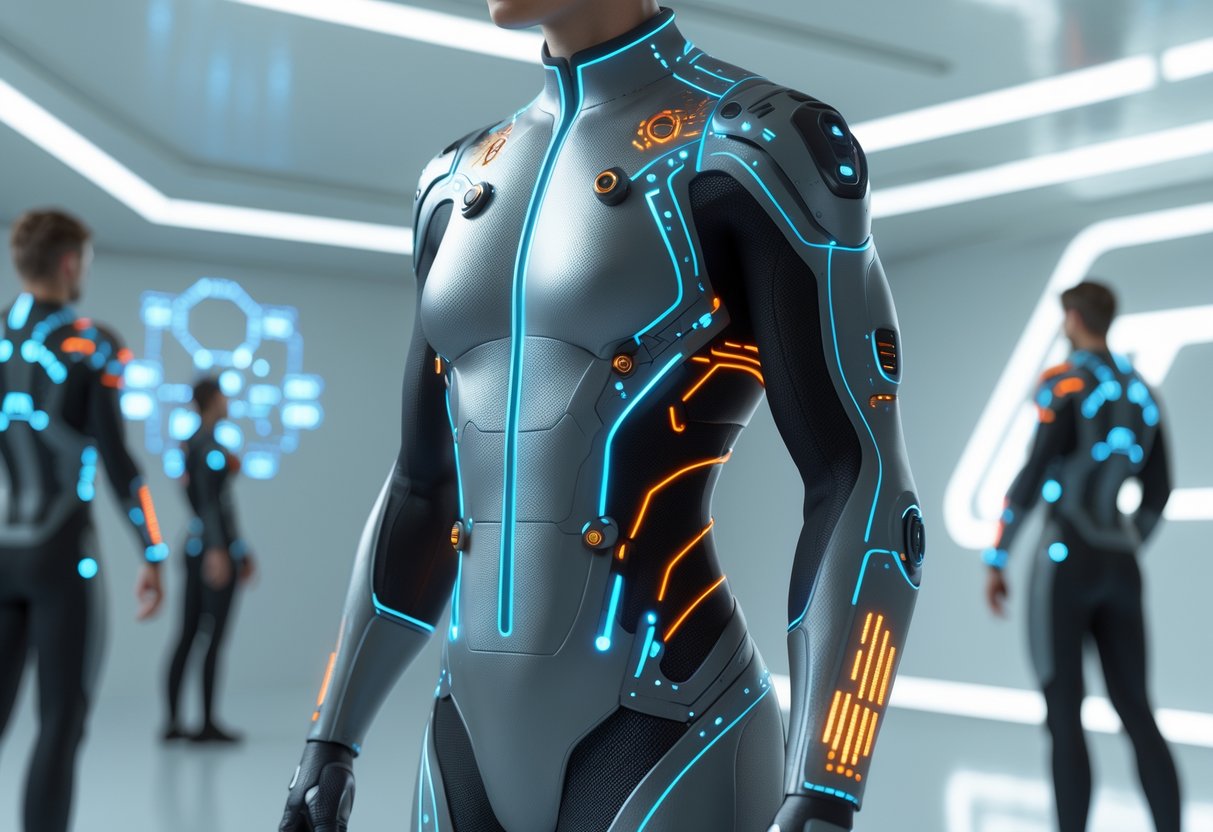 A 3D rendering of two futuristic haptic feedback suits with glowing lines and embedded sensors, displayed in a high-tech laboratory setting.