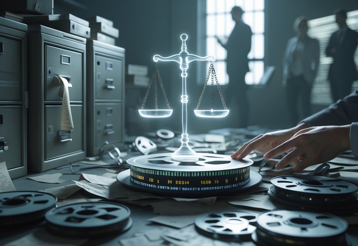 An archive room with old film reels and storage devices scattered around, a holographic scale of justice above a cracked film reel, and hands reaching to preserve fragile film strips.