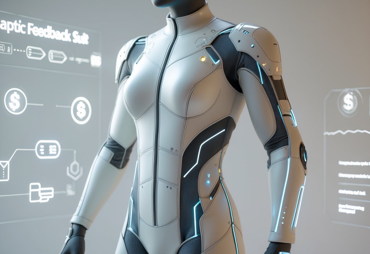 A futuristic haptic feedback suit displayed on a mannequin with visible sensors and glowing lines, set against a plain background with holographic icons representing cost and availability.