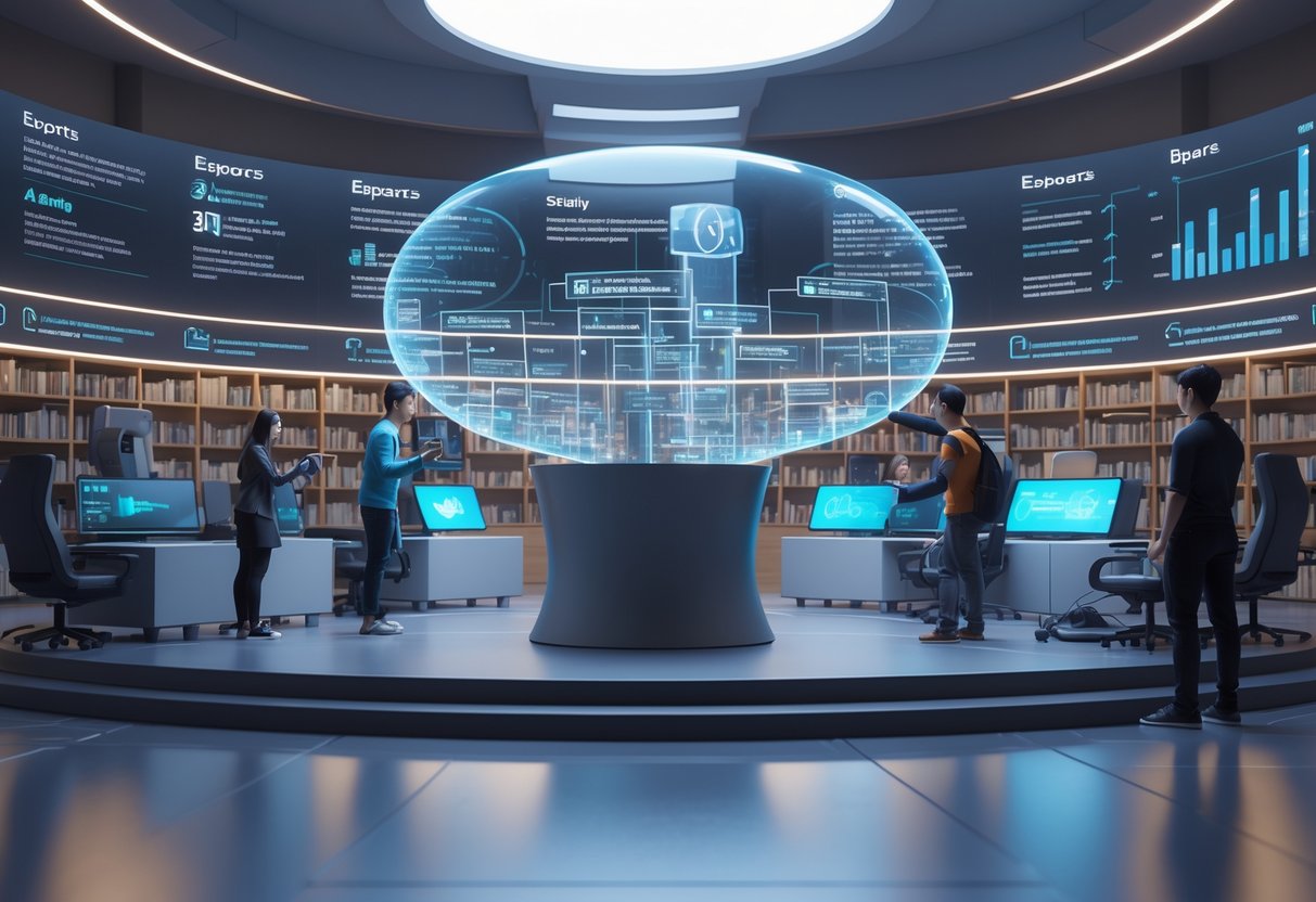 A futuristic university lecture hall with holographic displays showing key moments in esports history, students and professors interacting with gaming equipment and digital timelines.