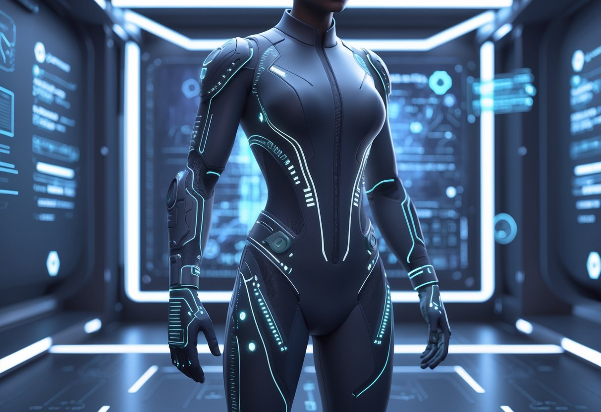 A futuristic haptic feedback suit displayed in a high-tech lab with glowing circuits and sensors on the suit.