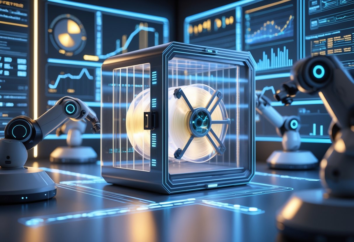 A futuristic archive room with glowing holographic storage devices and a transparent vault protecting a glowing film reel, surrounded by robotic arms and digital data streams.