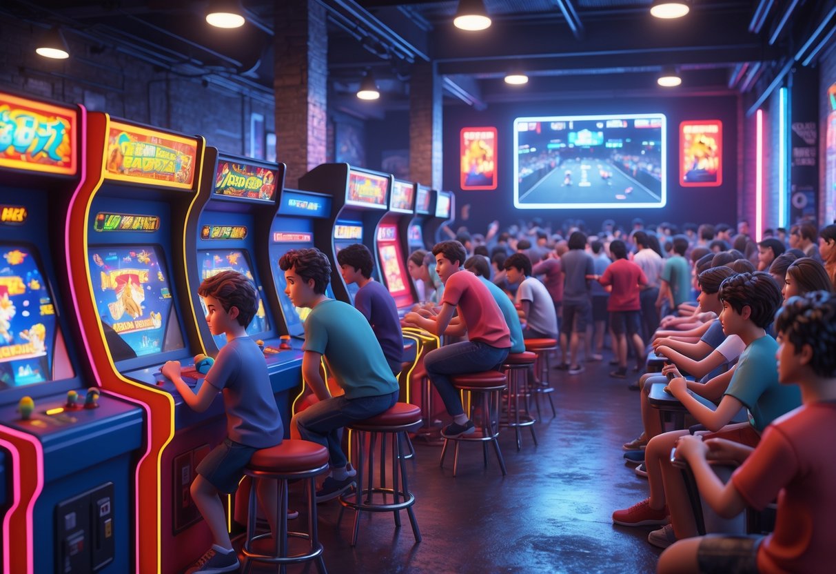 A busy arcade filled with people playing games on vintage machines, with a crowd watching a competitive match on a large screen.