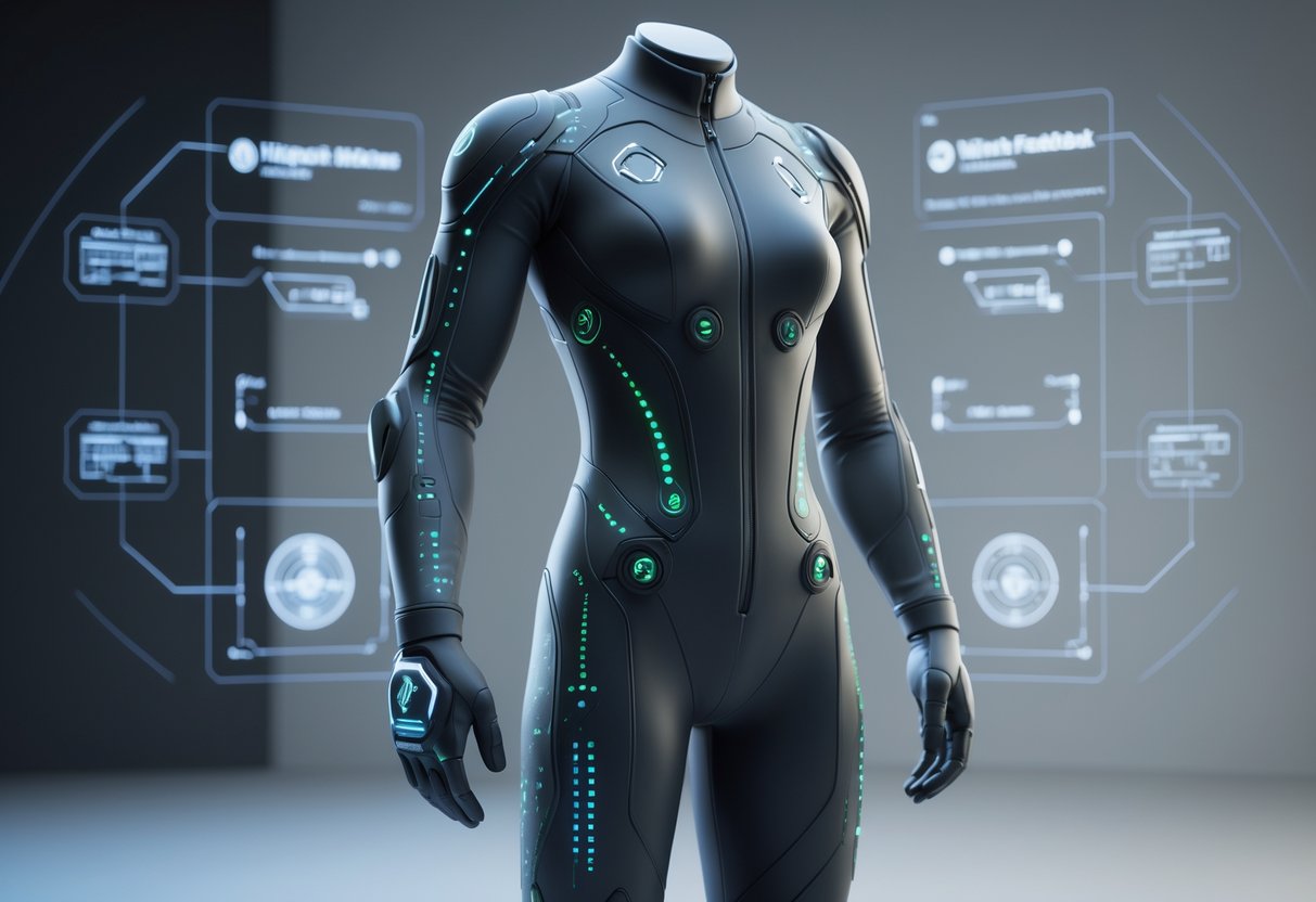 A 3D rendering of a futuristic haptic feedback suit on a transparent mannequin, showing sensors and glowing lights in a dark, minimalist setting.