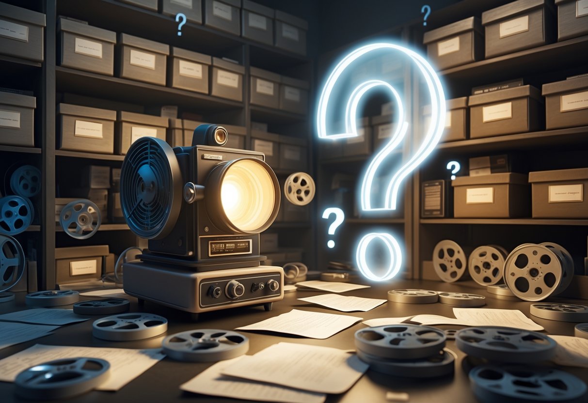 A 3D scene of an archive room with old film reels, a vintage projector shining light on a floating holographic question mark, surrounded by floating question mark and film strip icons, with shelves of boxes and reels in the background.