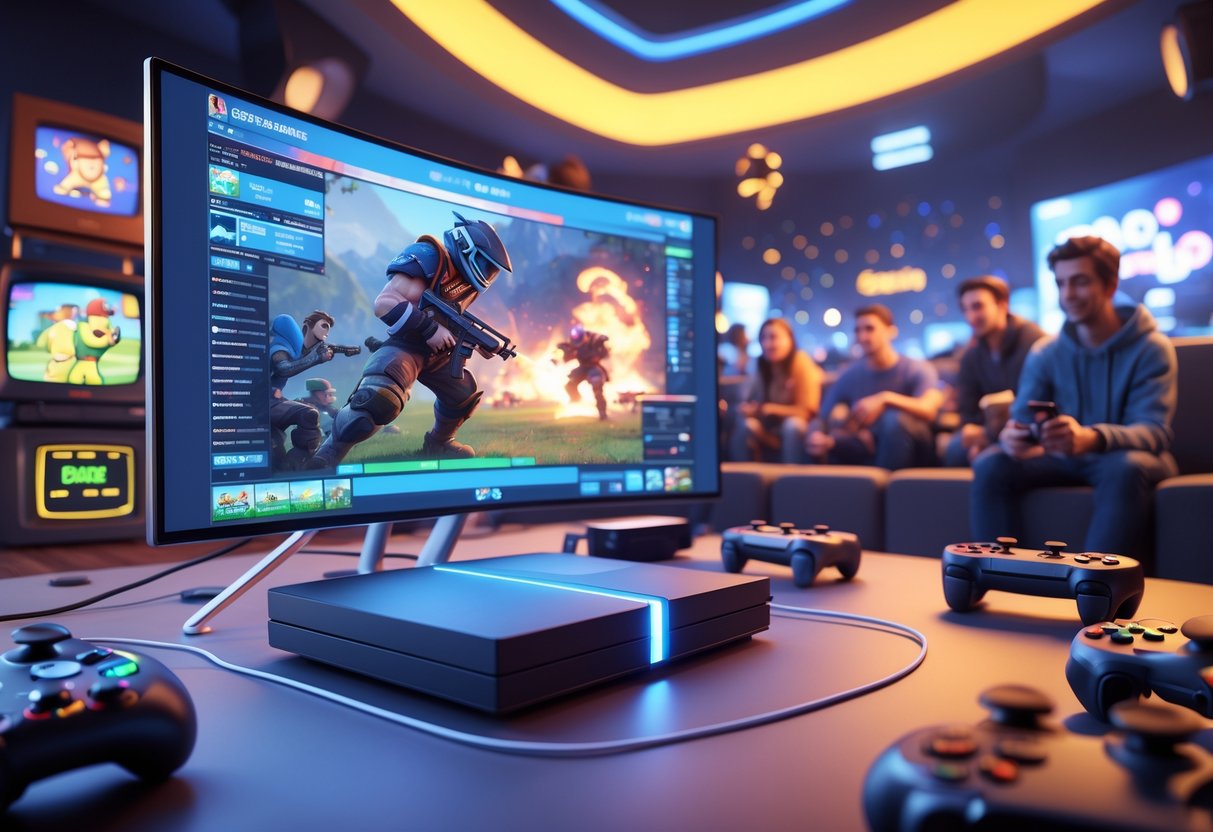 A scene showing a modern gaming console with controllers and a curved monitor displaying an esports match, surrounded by retro gaming elements and gamers playing competitively in a mixed home and arena environment.