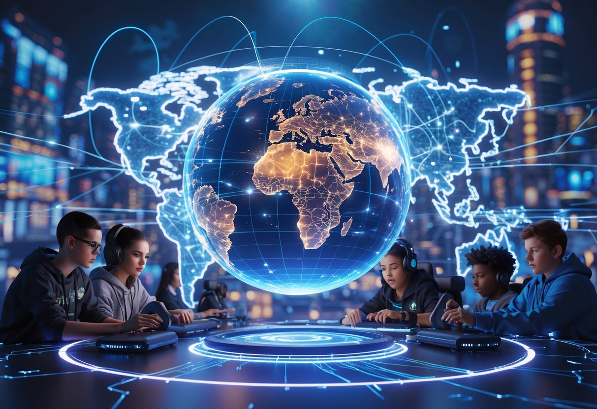 A digital globe surrounded by diverse players connected through glowing lines, engaged in online gaming with a futuristic arena and cityscape in the background.