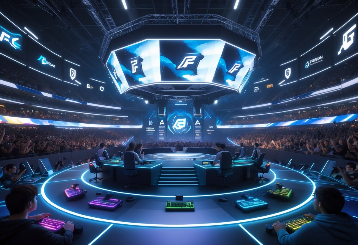 A large esports arena filled with spectators watching professional players compete on a central stage with holographic screens and digital decorations.