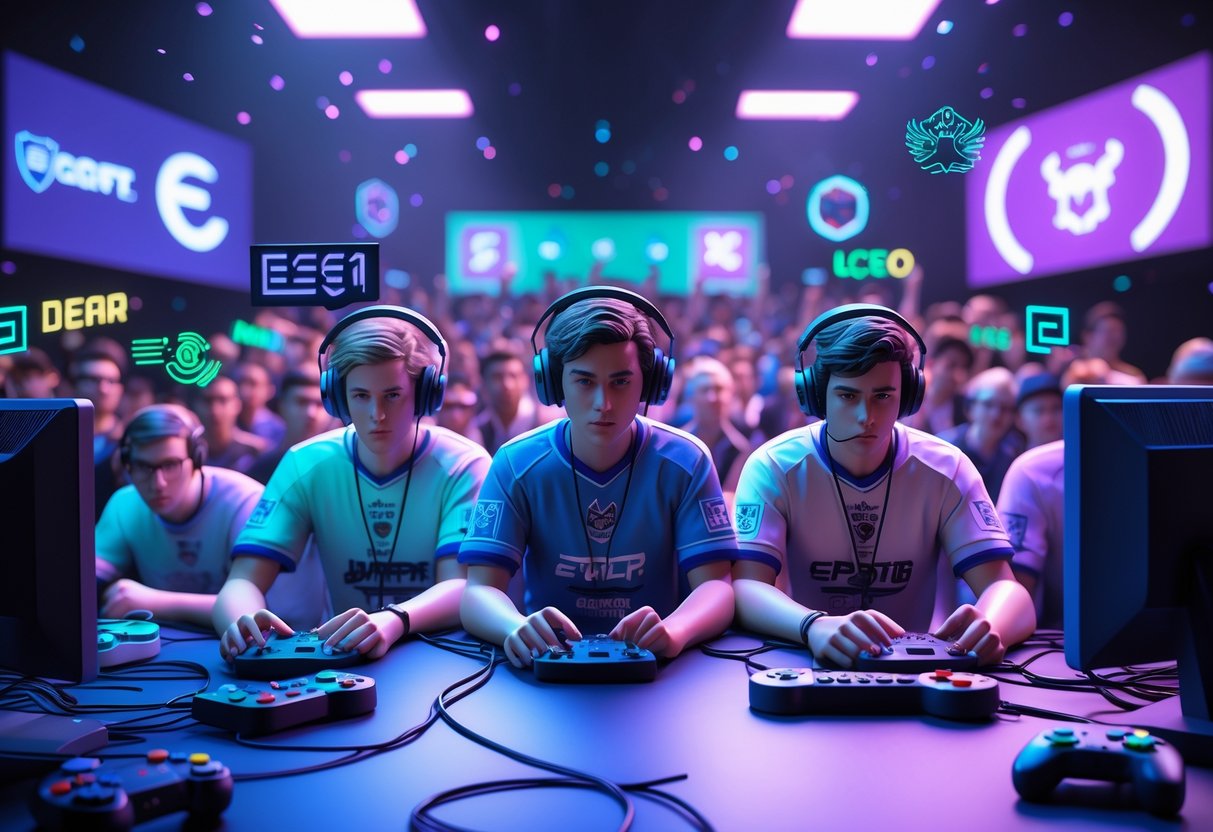 A group of gamers playing on vintage gaming setups with early esports tournament elements and organisers’ logos displayed around them.