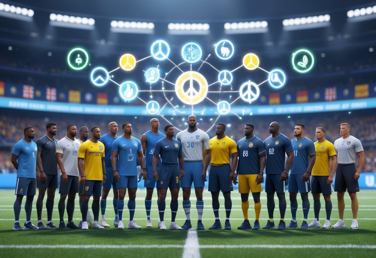 A group of diverse athletes standing together on a stadium field with floating symbols representing social change and cultural heritage, surrounded by a supportive crowd.