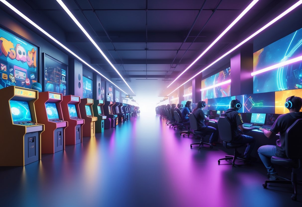 A 3D scene showing the history and future of esports with old arcade machines on the left, mid-era gaming setups in the centre, and a futuristic esports arena on the right.