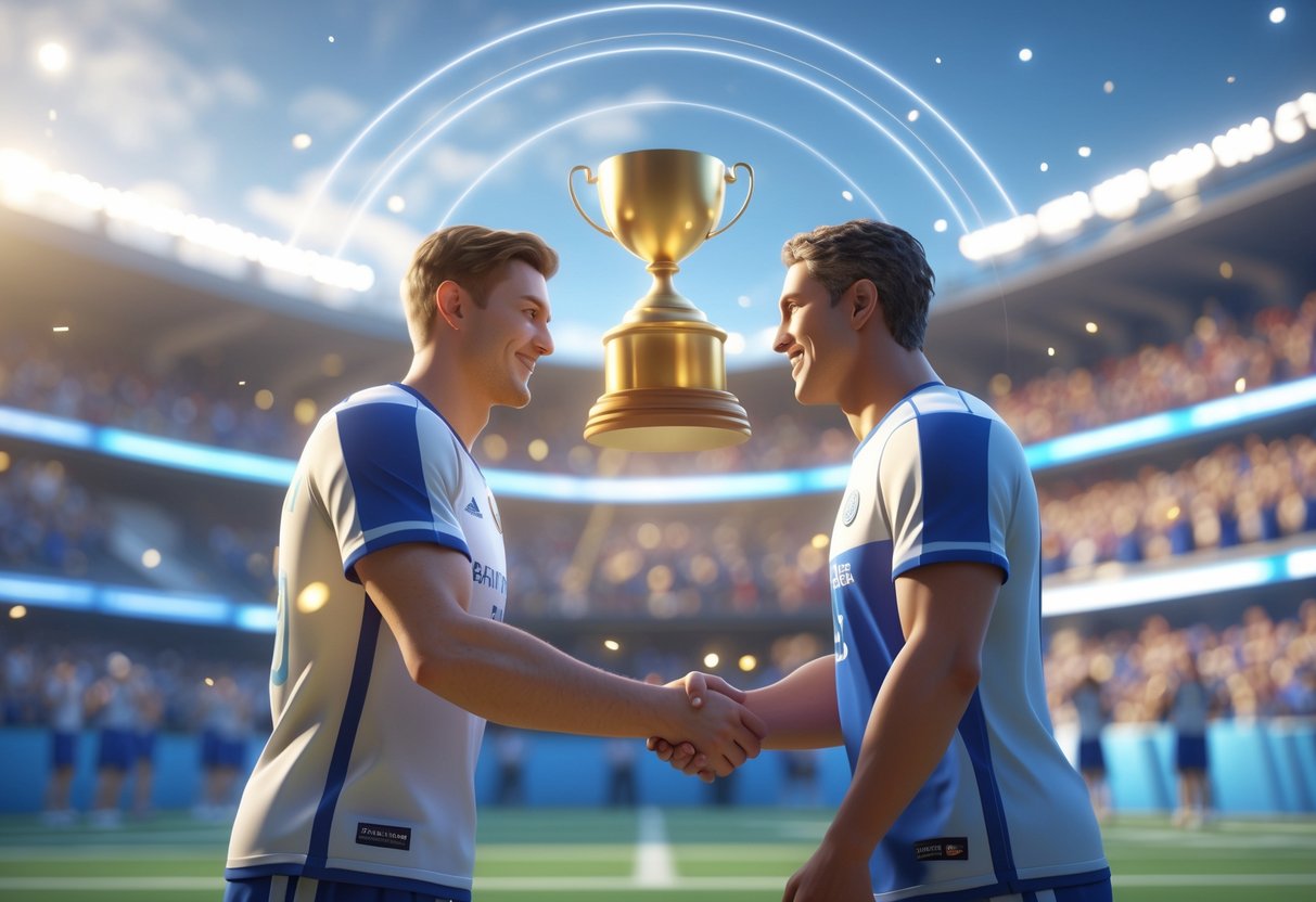 Two athletes shaking hands respectfully on a sports field with a trophy above and faint images of past players in the background, surrounded by a cheering crowd.