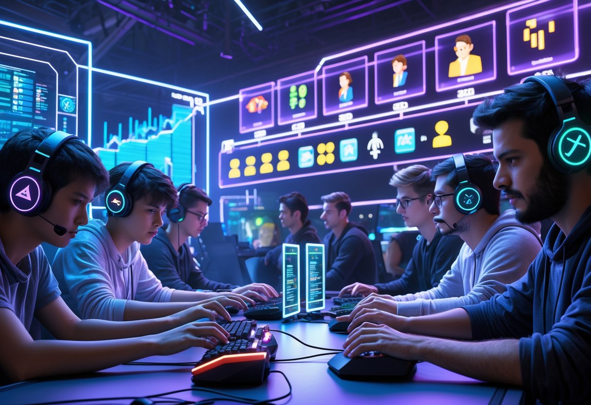 A futuristic esports arena with diverse gamers playing intensely, surrounded by holographic displays and a timeline of esports history.