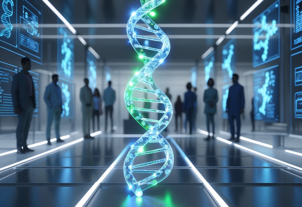 A futuristic laboratory scene with a glowing DNA strand and diverse human figures connected by light lines representing genetic links.