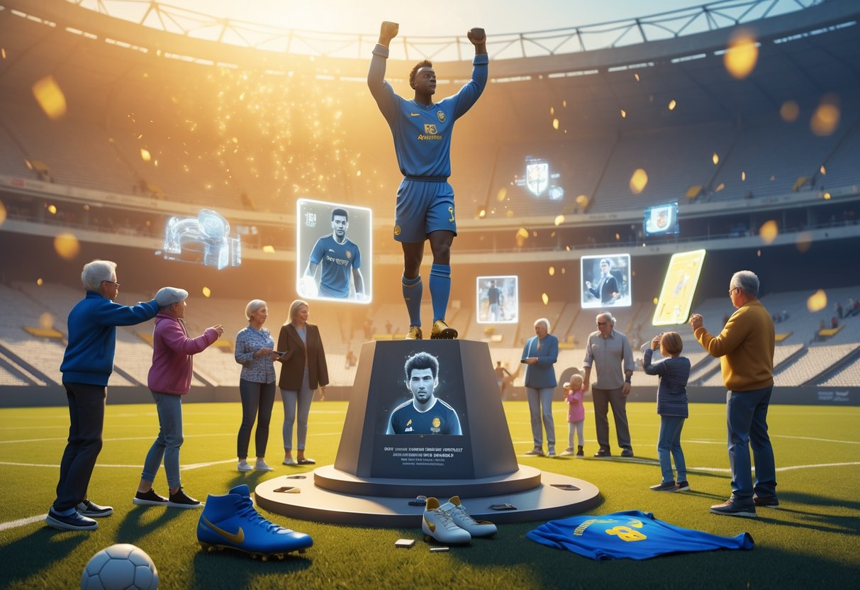 A statue of a former sports player surrounded by fans of all ages and holograms showing the player coaching and helping the community inside a stadium.
