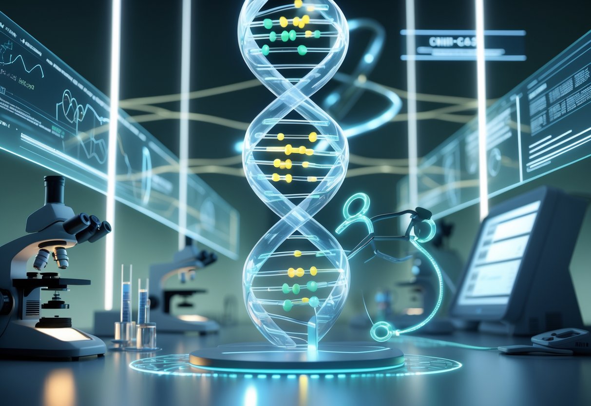 A 3D scene showing a glowing DNA double helix being edited by molecular tools inside a futuristic laboratory with scientific equipment around.