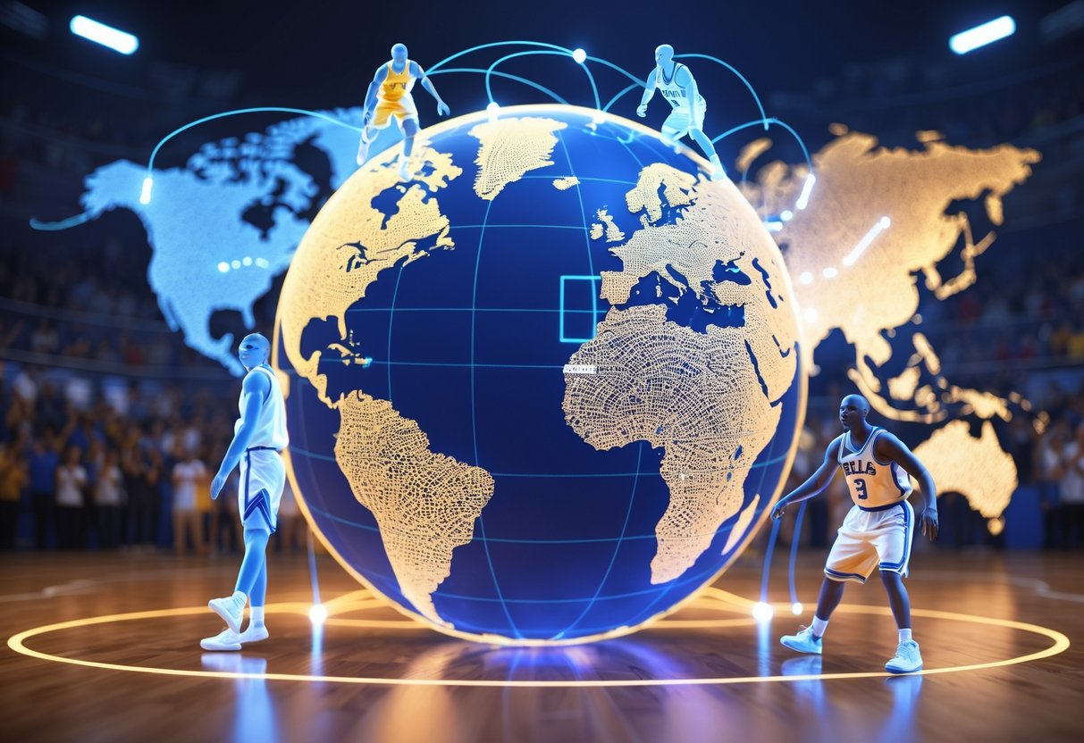 A 3D image of a glowing basketball globe surrounded by holographic figures of legendary basketball players from different countries, with international landmarks and basketball courts in the background.