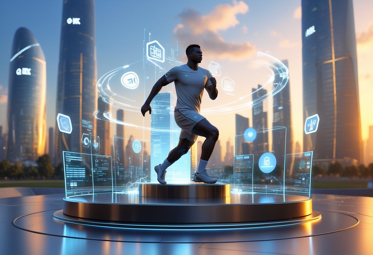 A dynamic athlete statue in a futuristic cityscape with glowing buildings and digital displays symbolising lasting influence and progress.