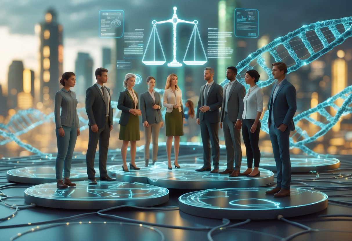 A group of diverse people standing on DNA-shaped platforms with glowing highlights, balanced by scales of justice and a futuristic city in the background.